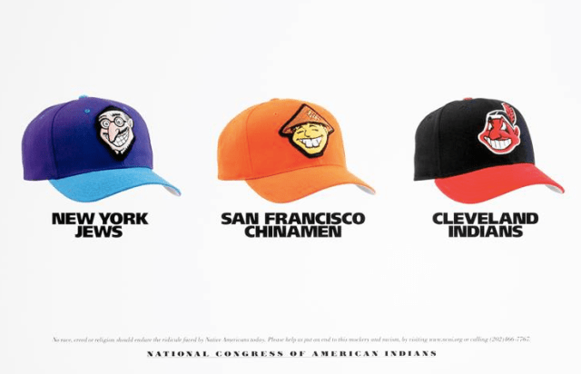 There are three baseball hats with racist logos, of the New York Jews, San Francisco Chinamen, and Cleveland Indians